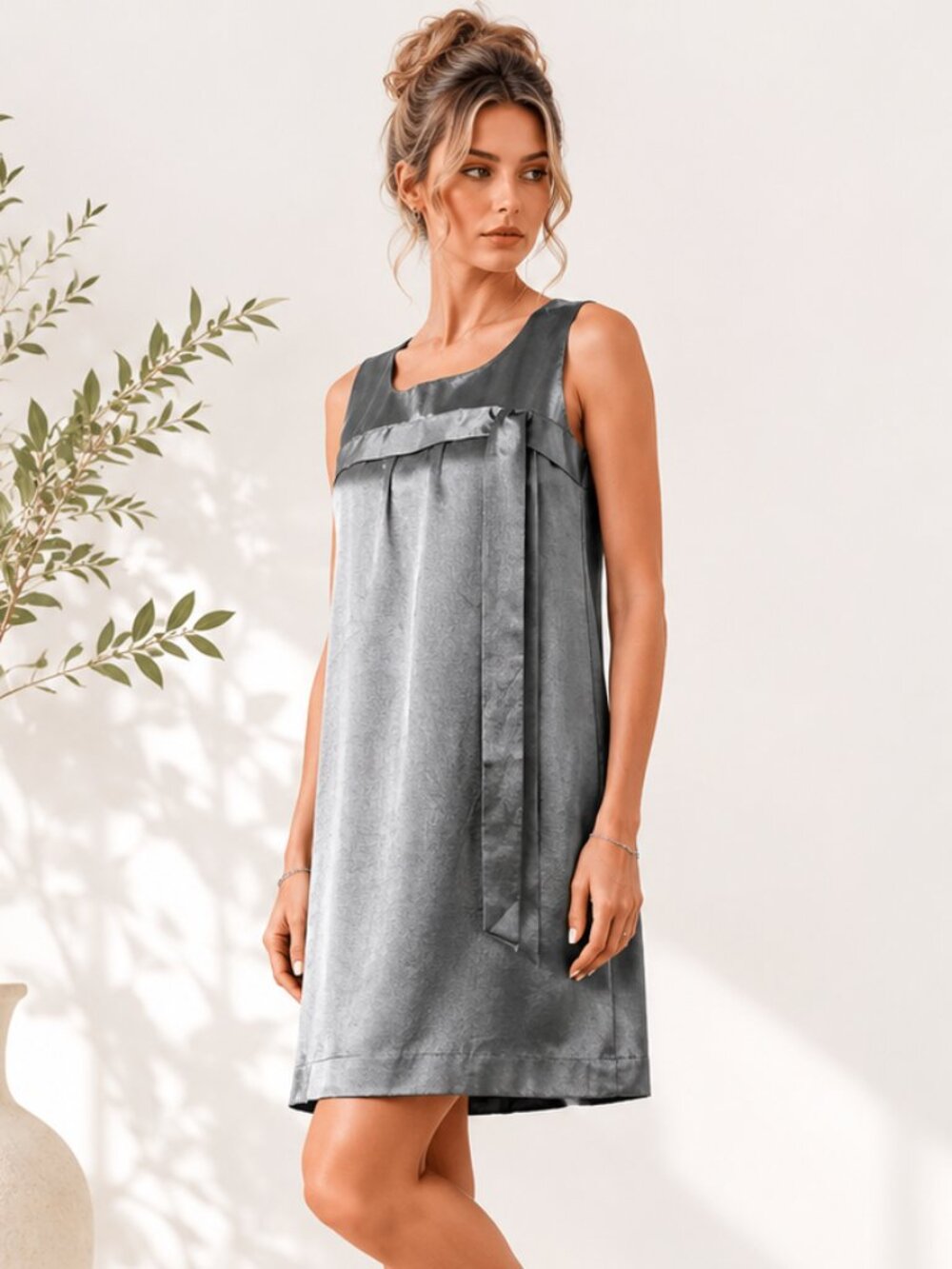 Soda Blu Metallic Satin Trapeze Tie Front Cocktail Shift Silver Gray Dress